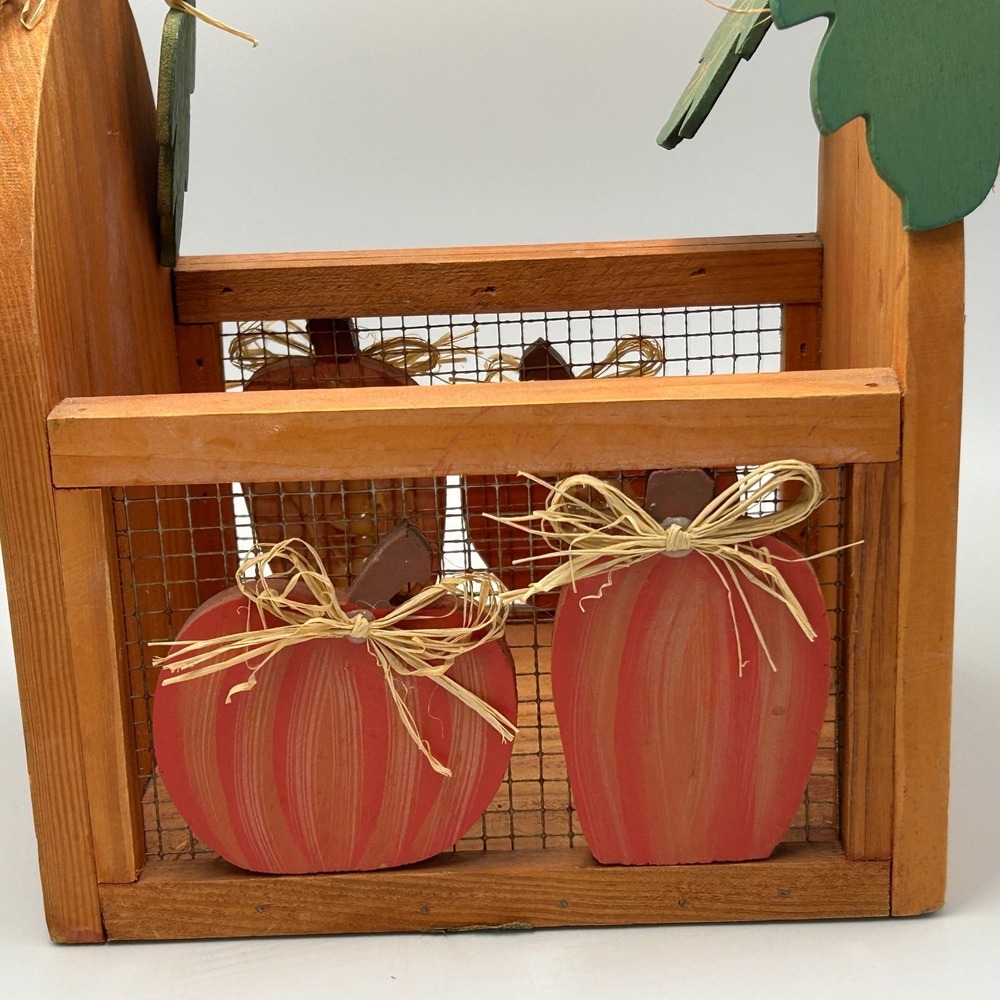 Wooden Wire Basket Country Farm Cottage Pumpkin Fall Autumn Leaves Rafia Chicken - Picture 4 of 8